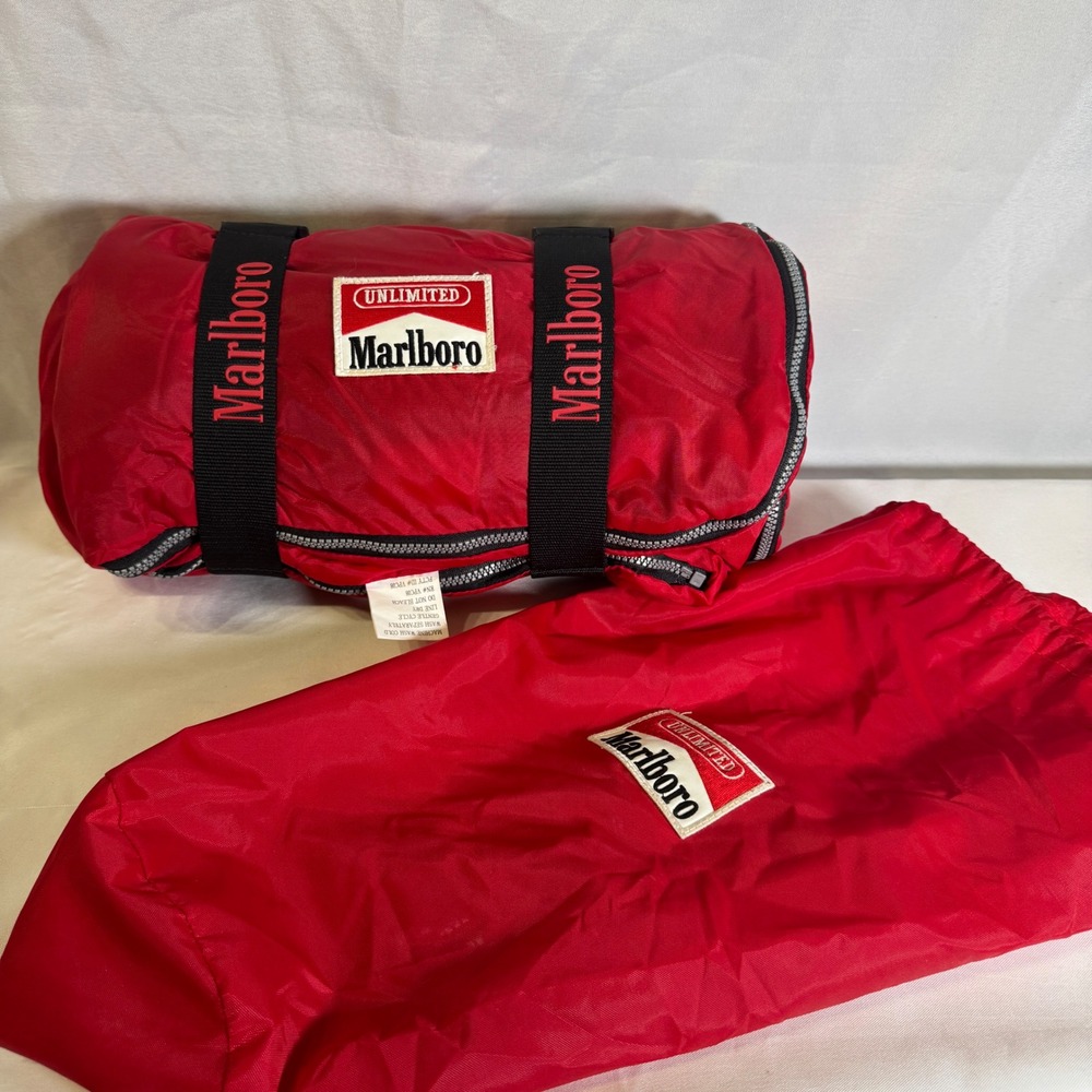 Vintage Marlboro Unlimited Red Sleeping Bag Buffalo Plaid Lining with Carry Bag